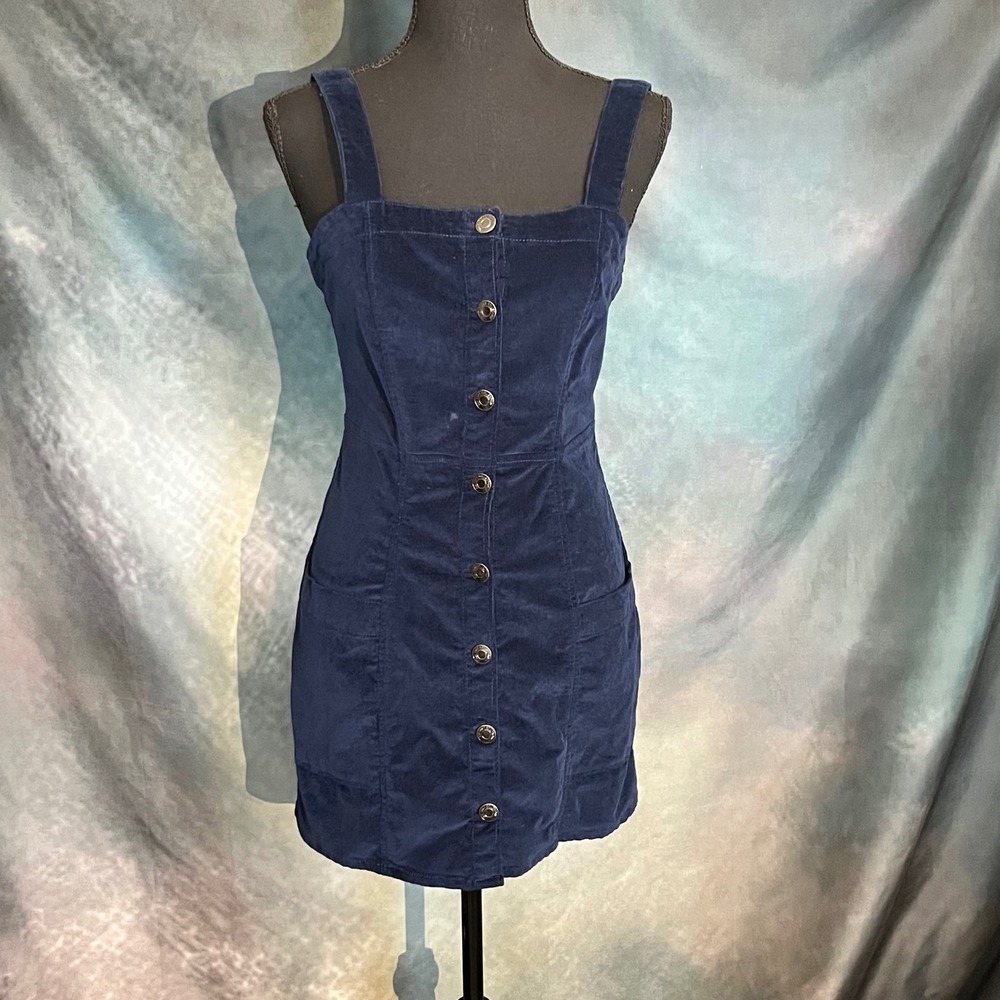 Bershka‎ Navy Blue Corduroy Button Front Square Neck Mini Dress Size Small